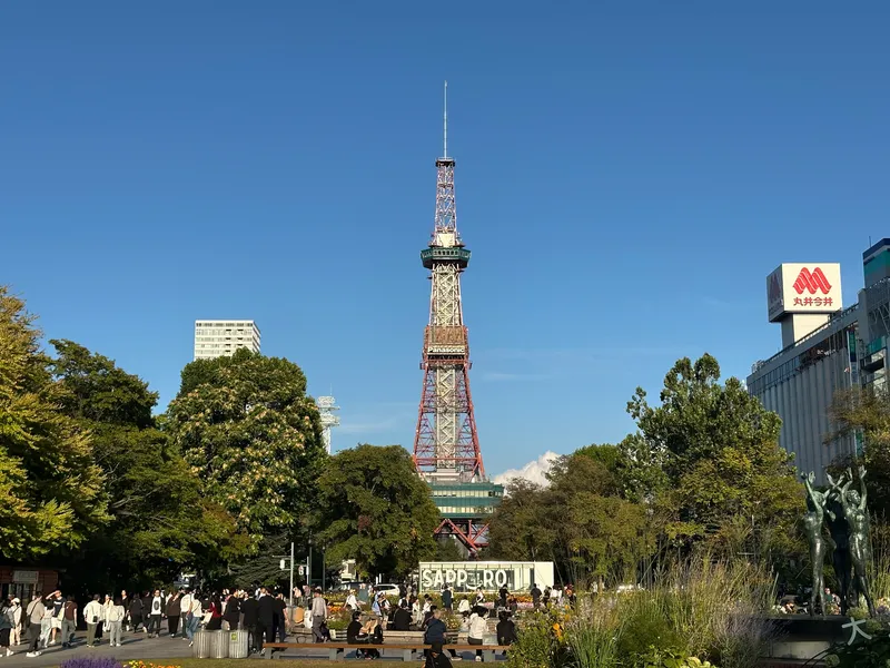 Sapporo TV Tower and Odori Park under snow with the city skyline beyond